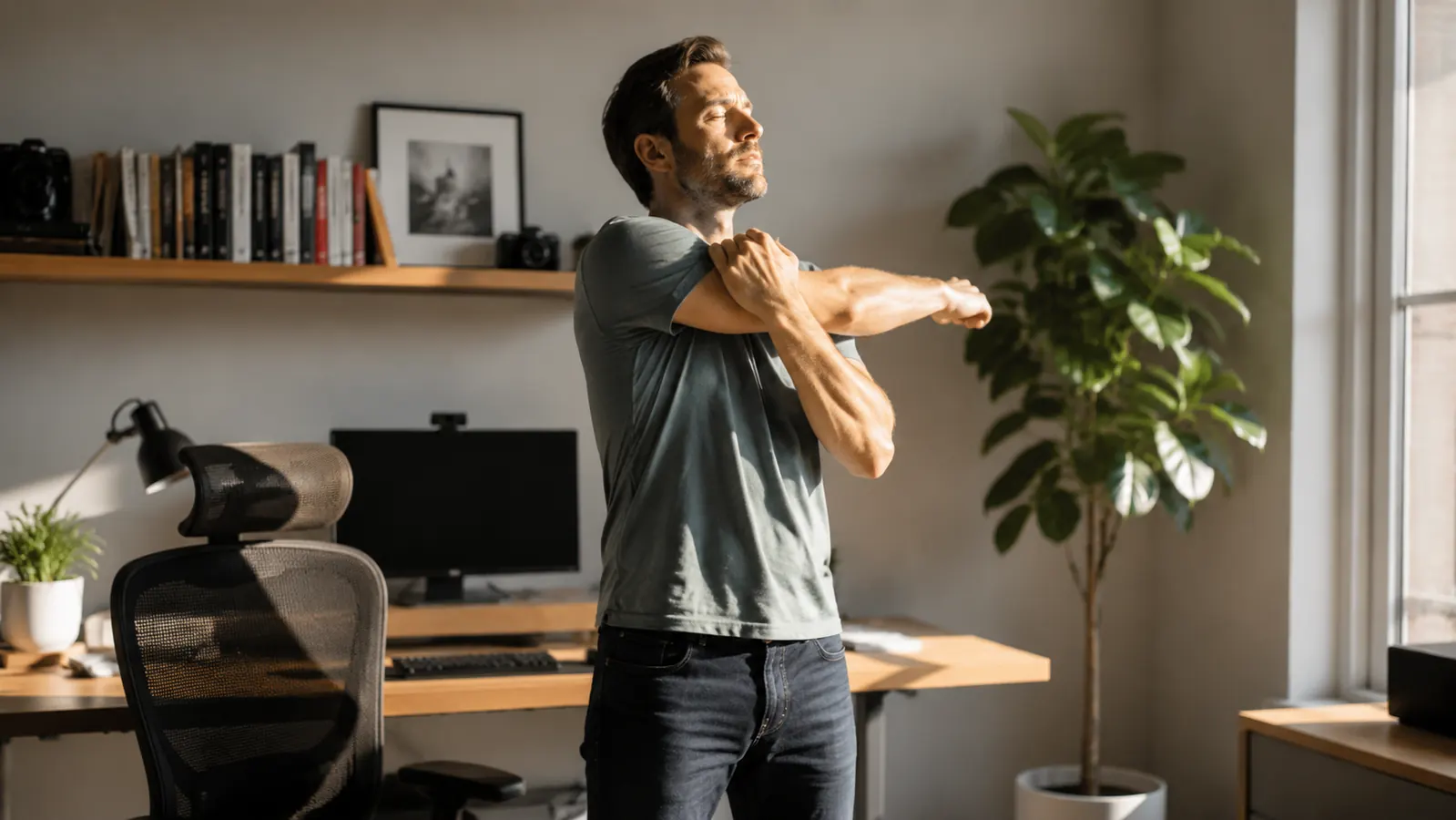 Founder stretching at standing height after a long desk session, ergonomic chair visible behind them