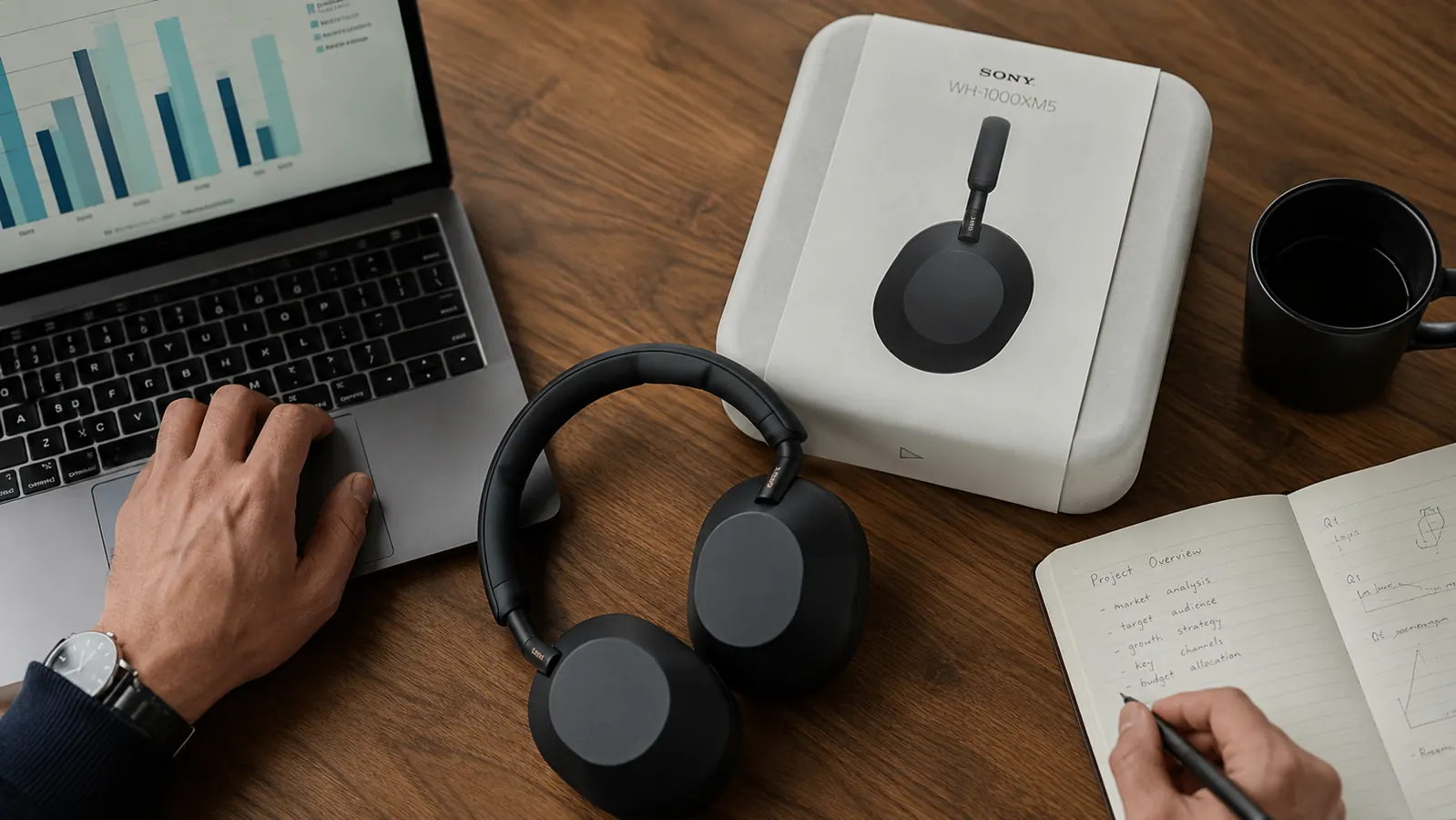Close-up of Sony WH-1000XM5 headphones resting on a laptop beside a coffee cup and notepad