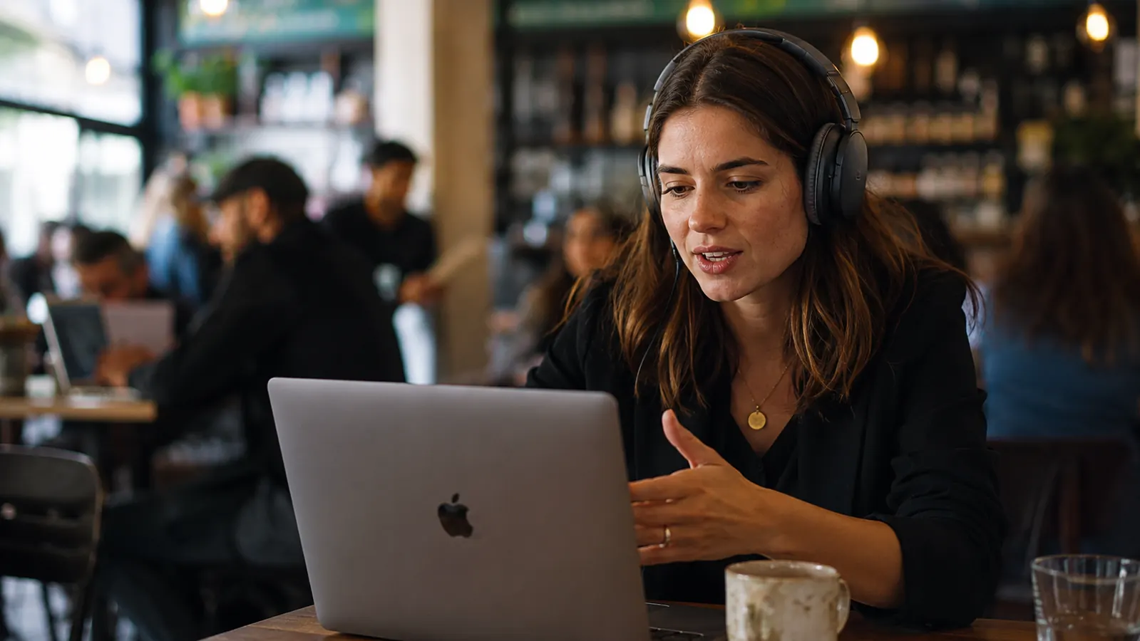 Business owner on a video call in a coffee shop, wearing Sony headphones, calm expression despite background noise
