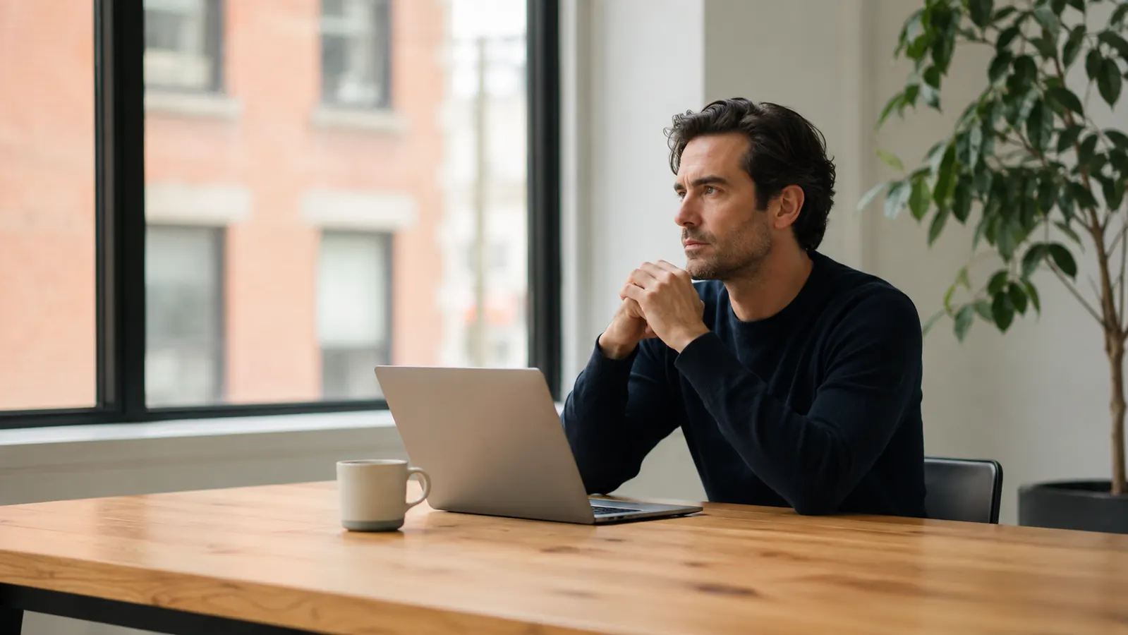 Business owner relaxed at a clear, paper-free desk with a single laptop and coffee mug