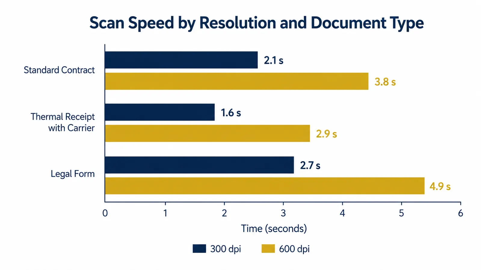Comparison chart of Brother DS-740D scan speed at 300 dpi versus 600 dpi across document types