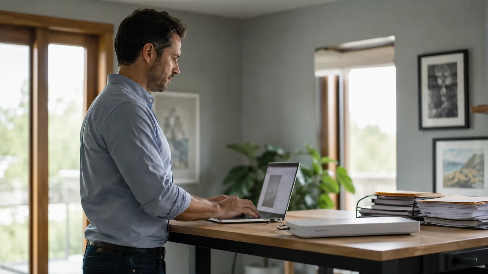 Small-business owner working at a standing desk with the Brother DS-740D connected to a laptop via USB