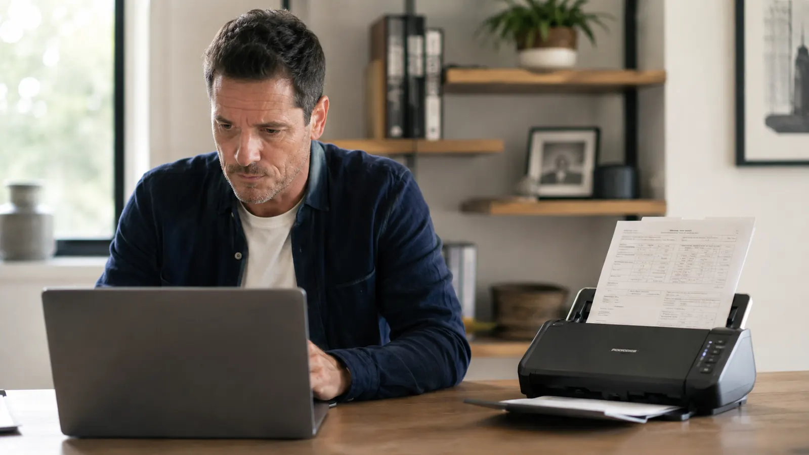 Entrepreneur reviewing scanned documents on a laptop with the Brother DS-740D nearby on a desk