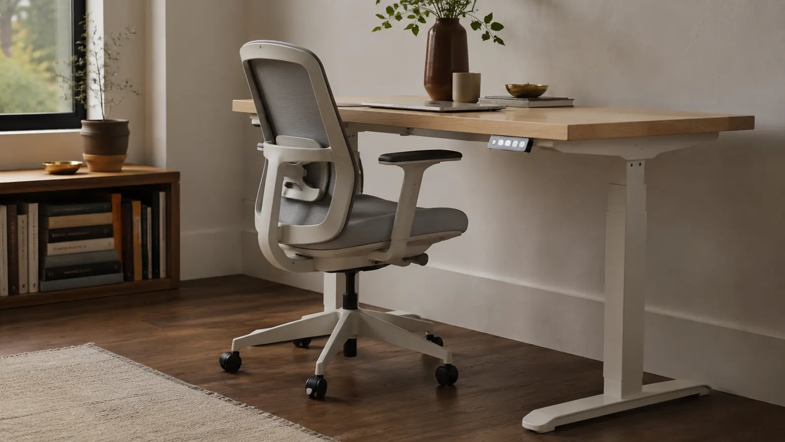 Ergonomic office chair in a standing desk setup showing the height relationship between seat and desk surface