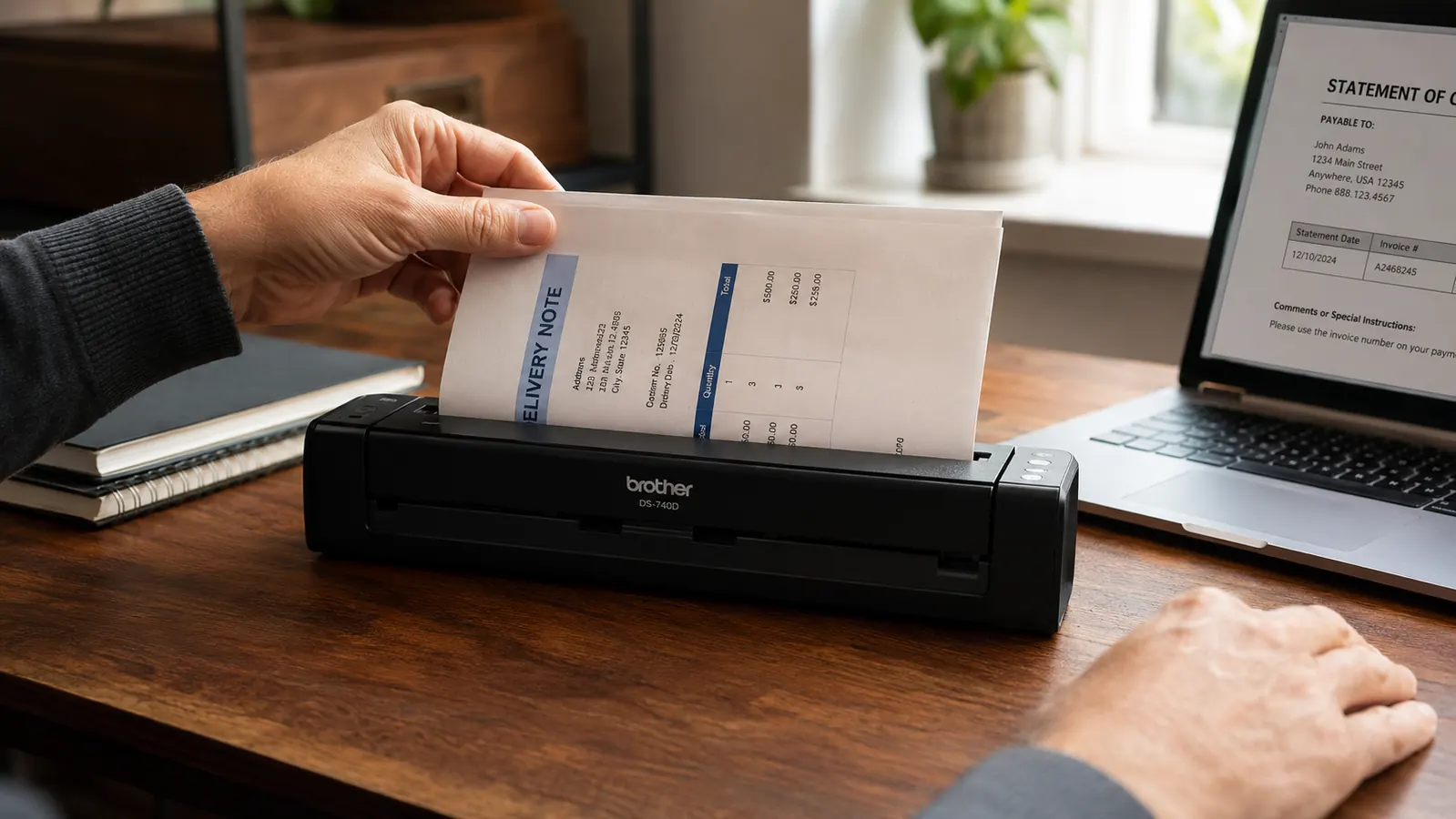 Hand feeding a two-sided contract into the Brother DS-740D document scanner slot
