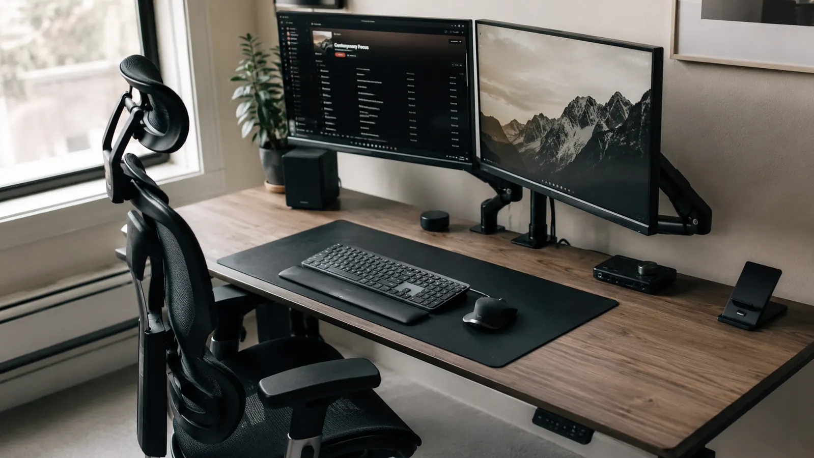 Home office desk setup with monitor arm, keyboard tray, and ergonomic chair positioned at proper working height