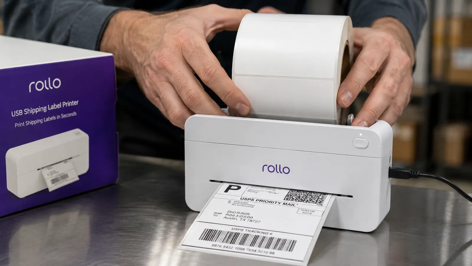 Hand feeding a 4x6 thermal label roll into the Rollo printer while a shipping label prints out