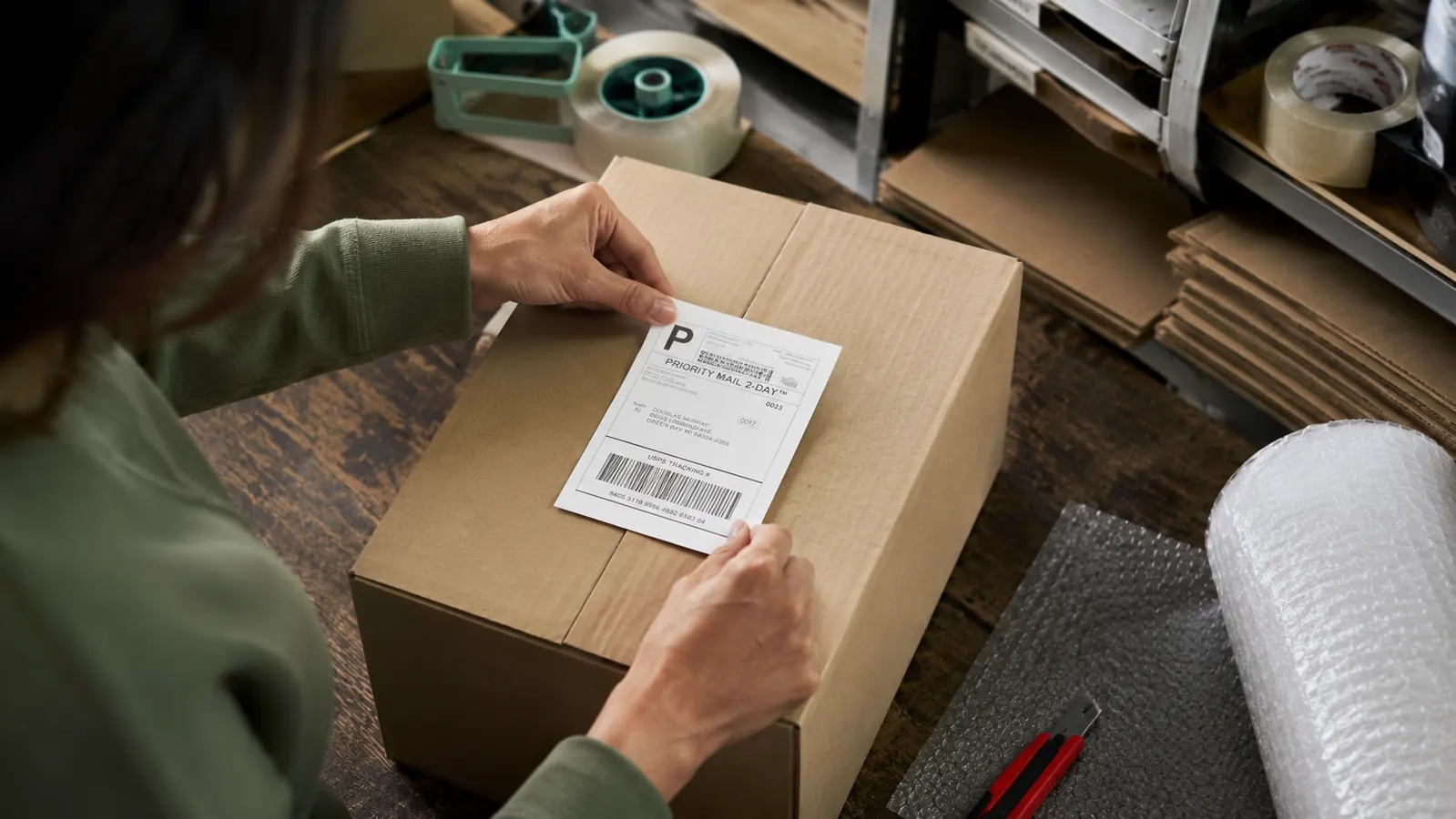 Person affixing a printed Rollo label to a shipping box on a packing table surrounded by tape and bubble wrap