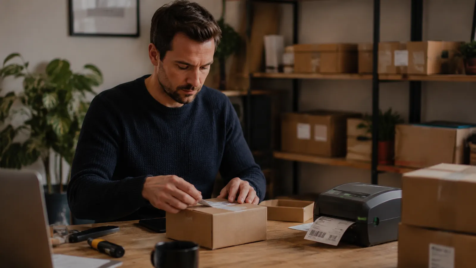 Small business owner packing boxes at a home shipping station with a label printer running in the background