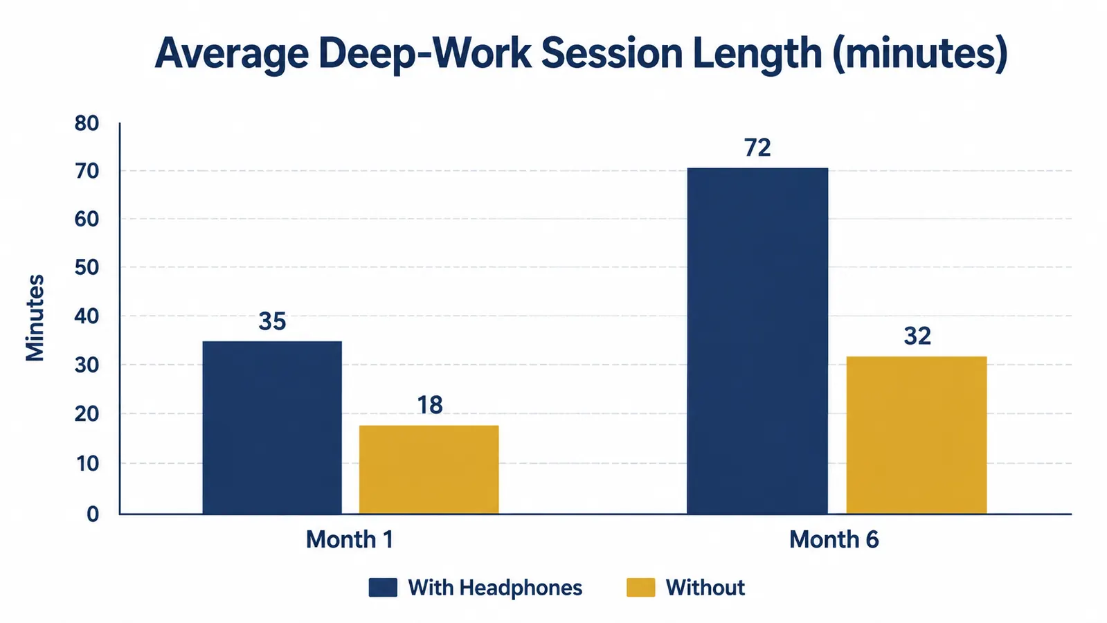 Chart showing focus session length before and after using noise-cancelling headphones over six months