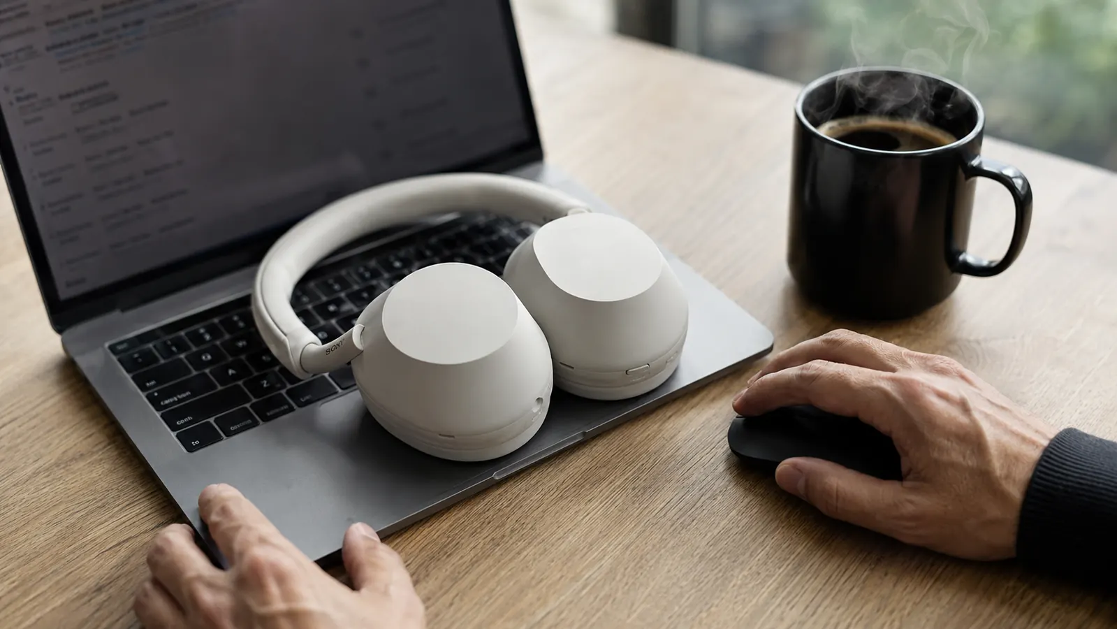 Sony WH-1000XM5 headphones resting on a laptop keyboard next to a black coffee mug