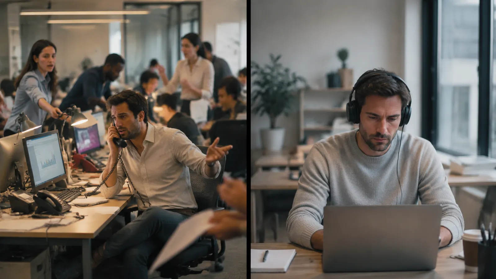 Split view showing a noisy open-plan office on one side and a quiet focused workspace on the other