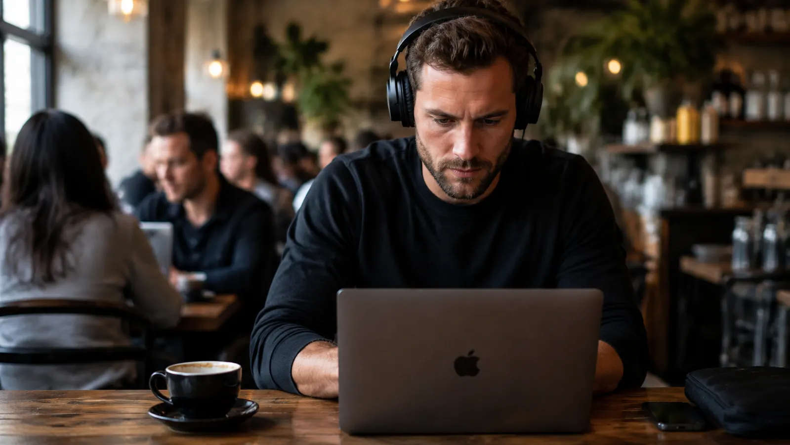 Entrepreneur in a coffee shop wearing noise-cancelling headphones while working on a laptop